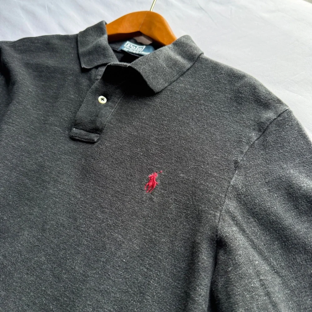 Polo Ralph Lauren Mens Gray Long Sleeve Polo Shirt Custom Fit Red Pony Large
